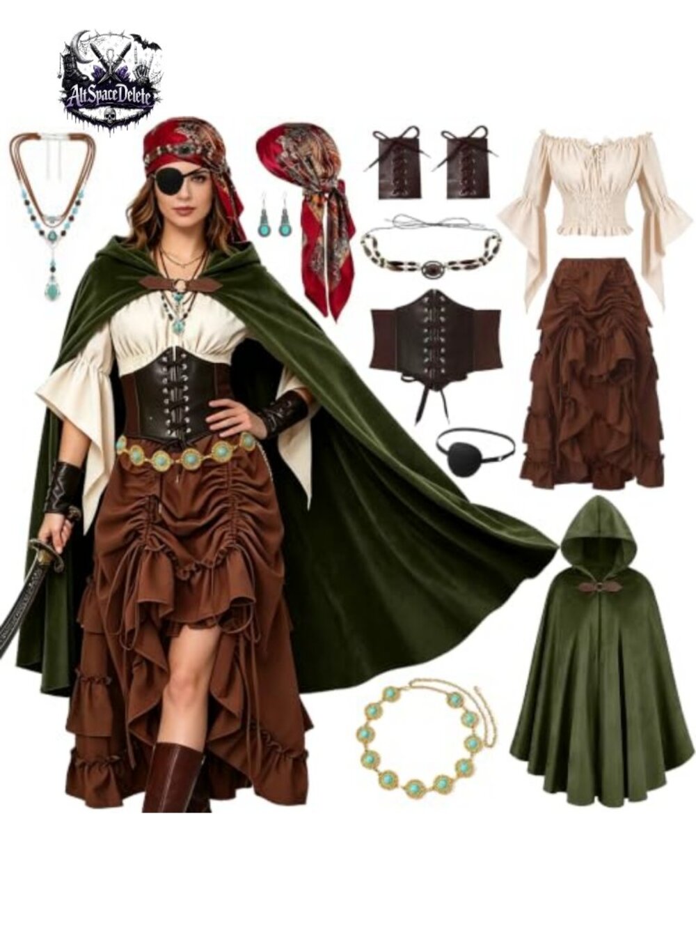 Women Viking Pirate Renaissance Medieval 10Pc Costume Set Corset Cape